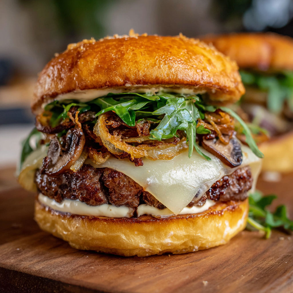 Burger automnal ultra gourmand à la poire, champignons et fromage bien coulant.