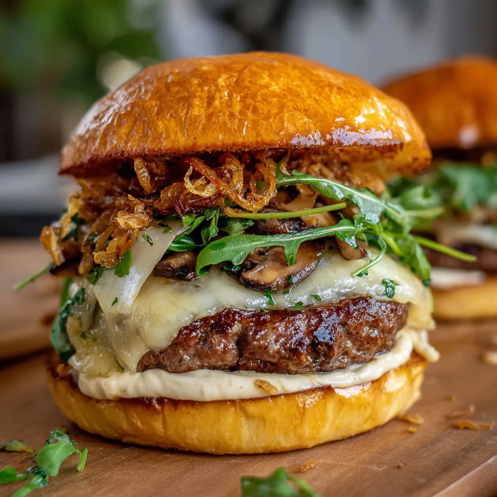 Burger automnal parfait : noisettes grillées, oignons croustillants et fromage coulant.