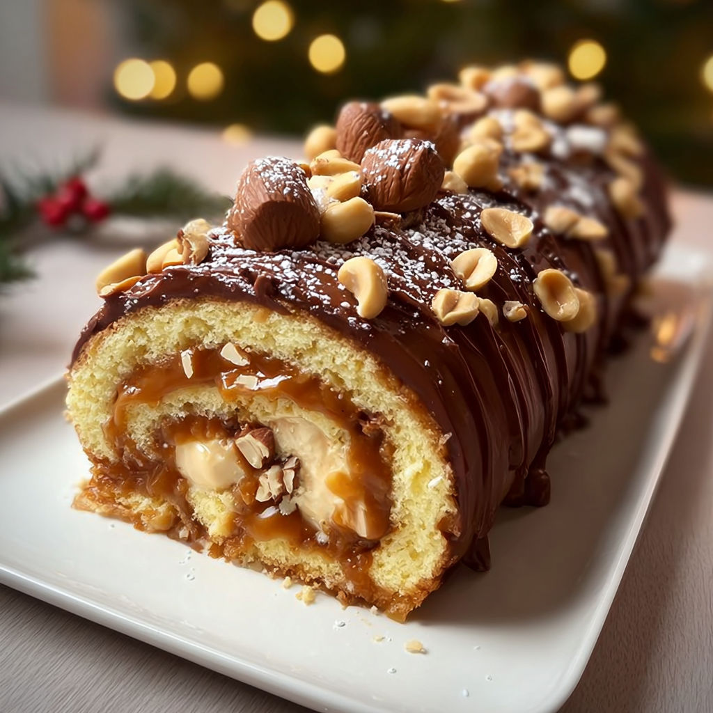 Délicieuse bûche de Noël avec caramel, cacahuètes et vanille, prête à être dégustée.