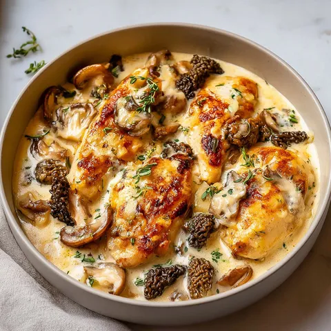 Fondant de volaille aux morilles et sauce veloutée.