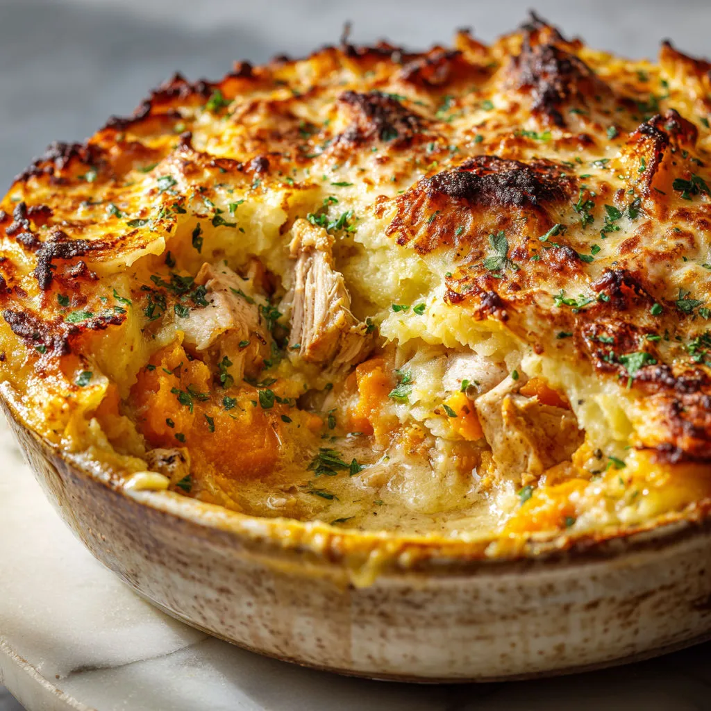 Délicieux gratin de poulet et légumes d'automne.