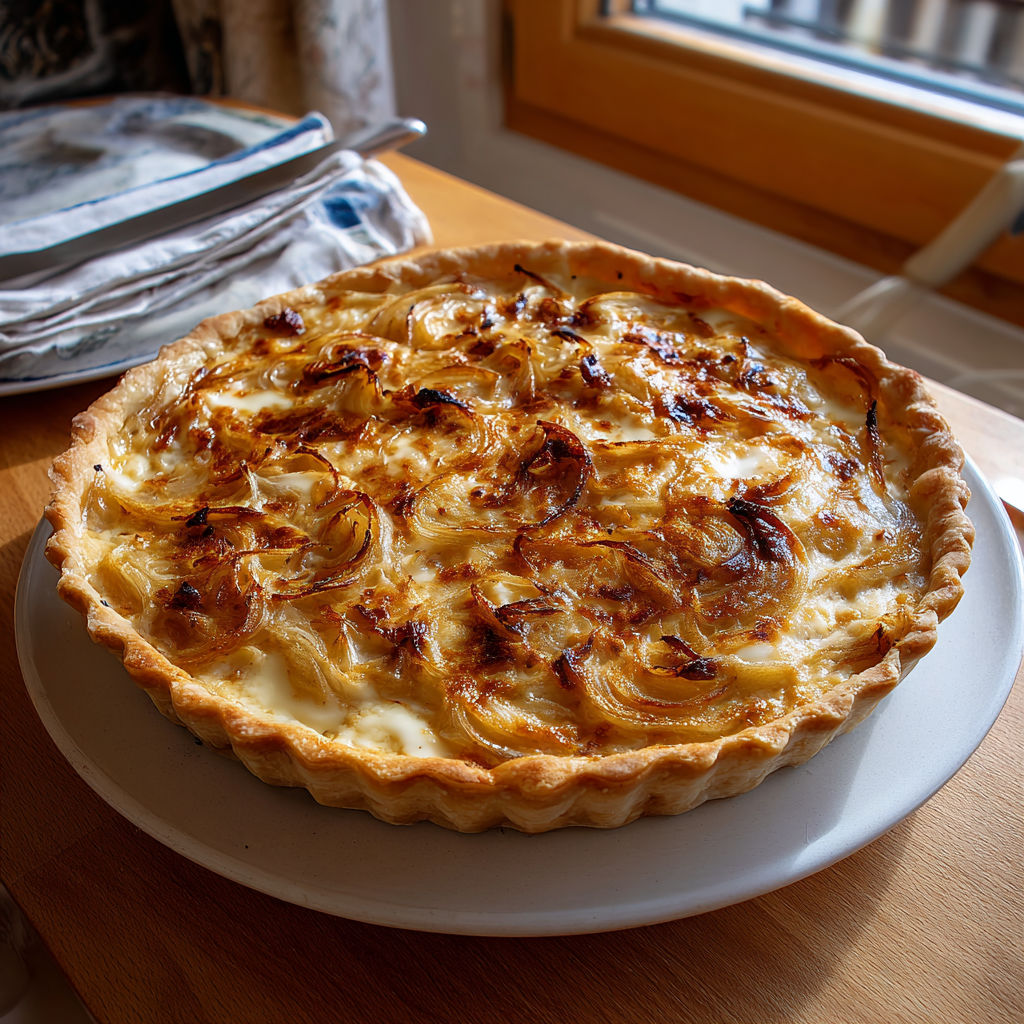 Une part de tarte au reblochon et oignons est présentée sur une assiette.