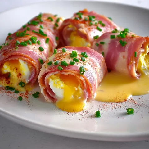 Délicieuses tranches de jambon farcies aux œufs crémeux.