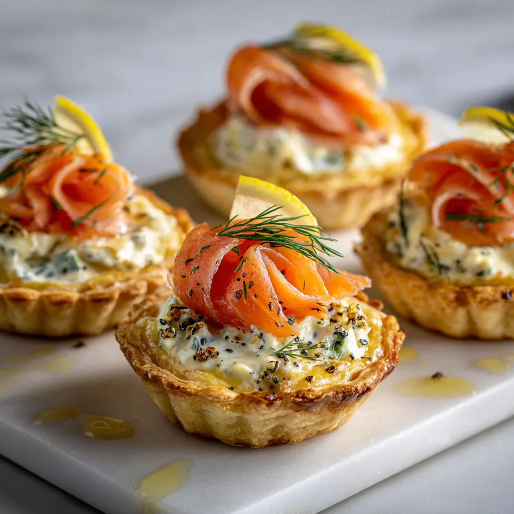 Petites bouchées saumon fumé et fromage frais, joliment disposées sur une planche.