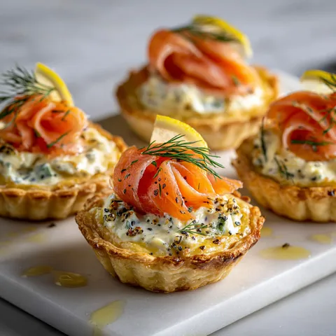 Petites bouchées saumon fumé et fromage frais, joliment disposées sur une planche.