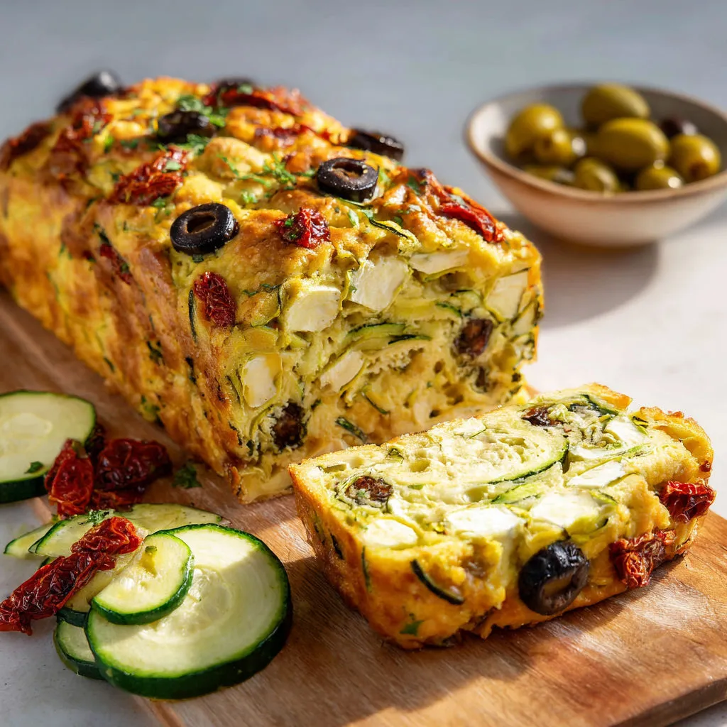 Un cake fondant aux courgettes accompagné d'olives noires sur un plateau.