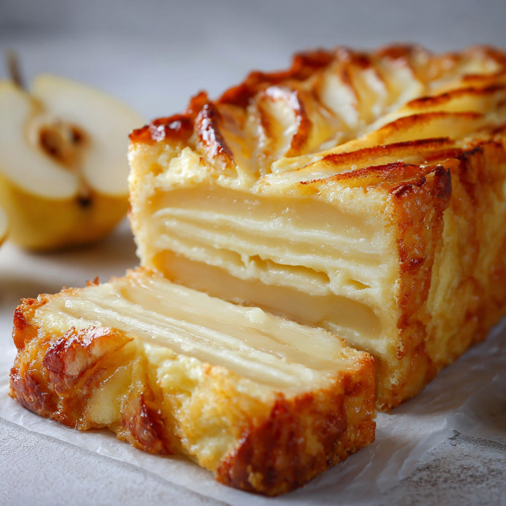 Tranche de gâteau fondant aux poires juteuses et vanille sur une assiette, poire posée dessous.