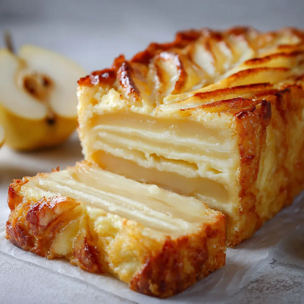 Tranche de gâteau fondant aux poires juteuses et vanille sur une assiette, poire posée dessous.