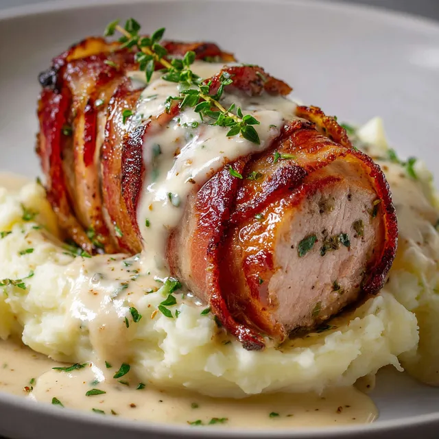 Porc tendre en habit de lard croustillant avec purée maison gourmande, joliment présenté.