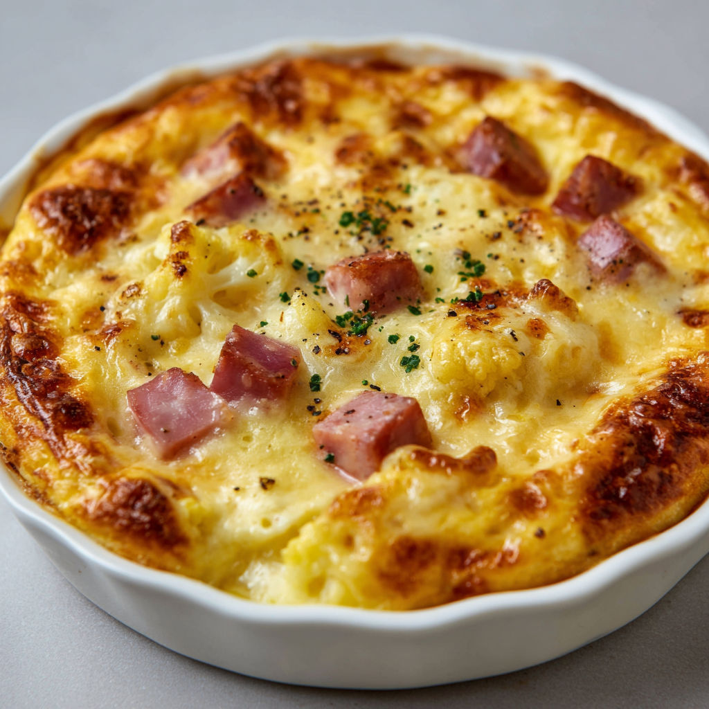 Un gratin de chou-fleur au jambon léger, servi dans un bol blanc.