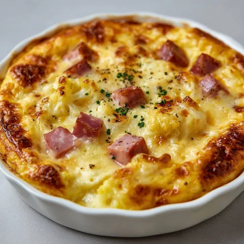 Un gratin de chou-fleur au jambon léger, servi dans un bol blanc.