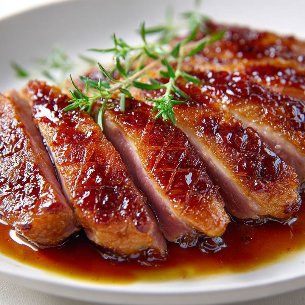 Tranches de magret grillé nappées d'une sauce miel et balsamique.