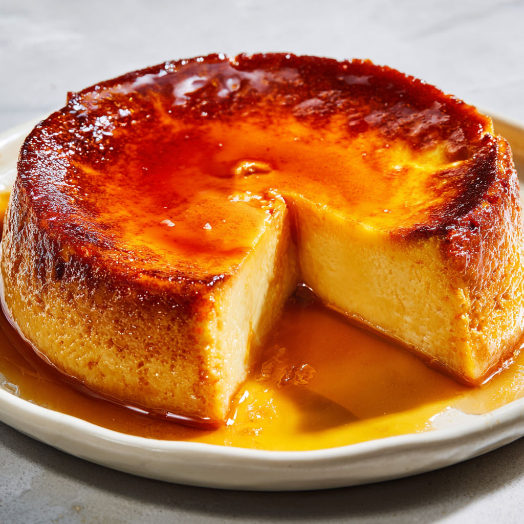 Part d'un flan sans pâte ultra crémeux à la vanille, prêt à être savouré.
