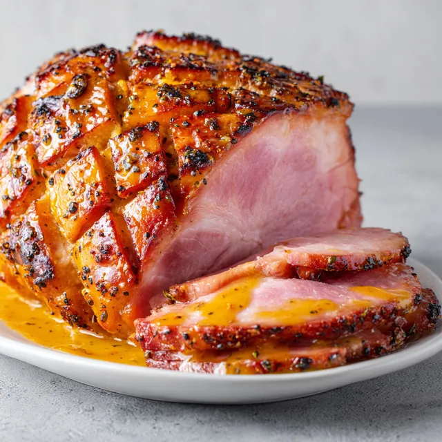 Une tranche juteuse de jambon, nappée doucement de miel et de moutarde, posée sur un plateau rustique.