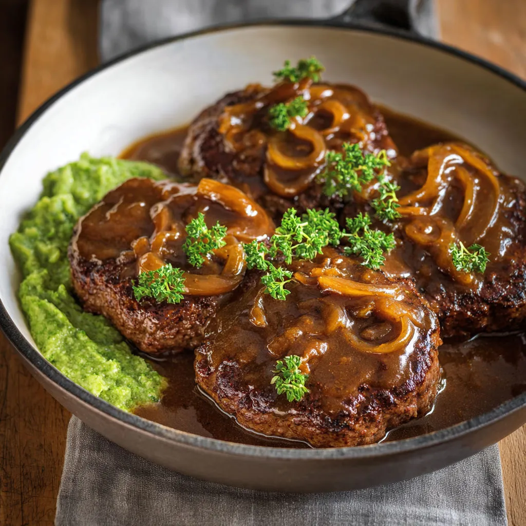Un steak burger nappé de sauce avec des brocolis frais.