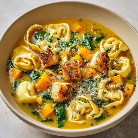 Un délicieux bol de soupe aux tortellinis et à la courge, accompagné de légumes fondants.