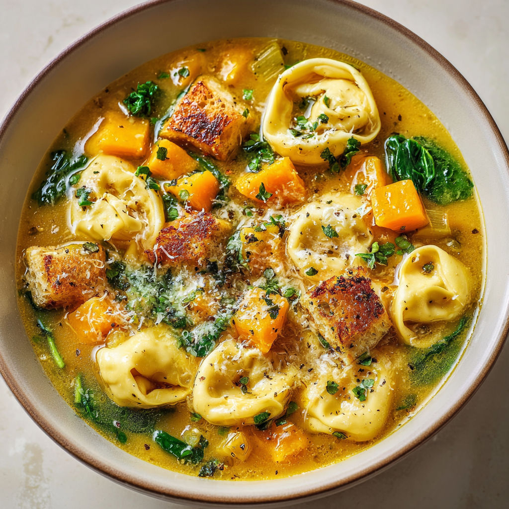 Soupe Gourmande à la Courge et Tortellinis au Fromage.