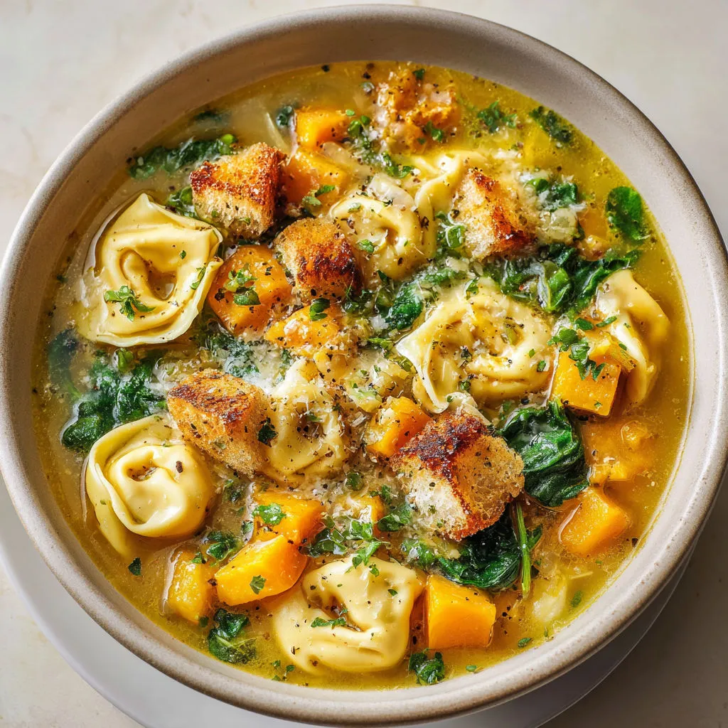 Velouté d’Automne aux Tortellinis et Croûtons Dorés.