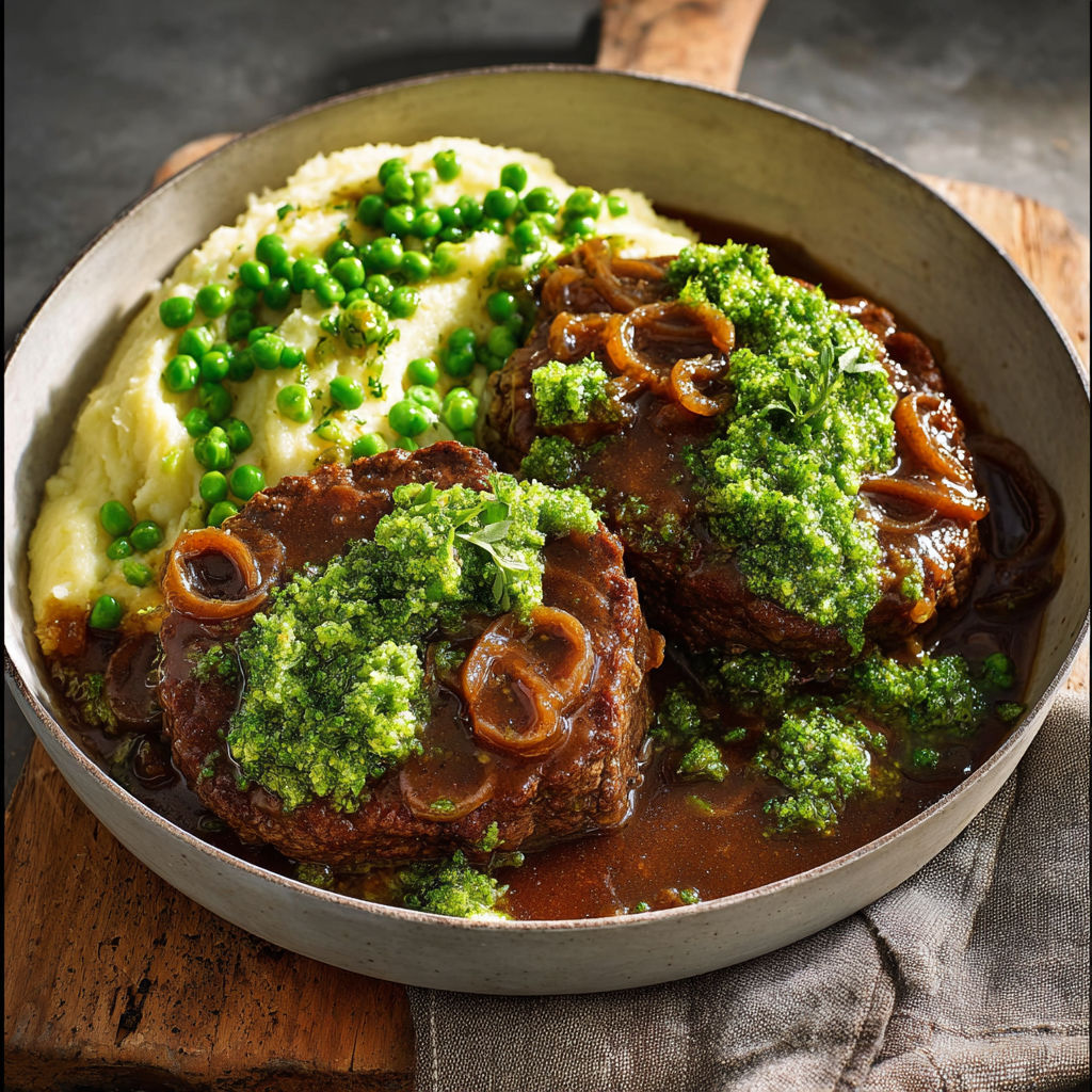 Steak Haché Maison avec Purée de Brocoli et Petits Pois.