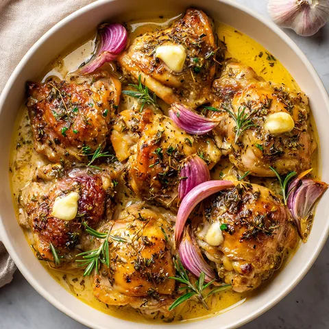 Délicieuses cuisses de poulet au vin blanc et romarin.