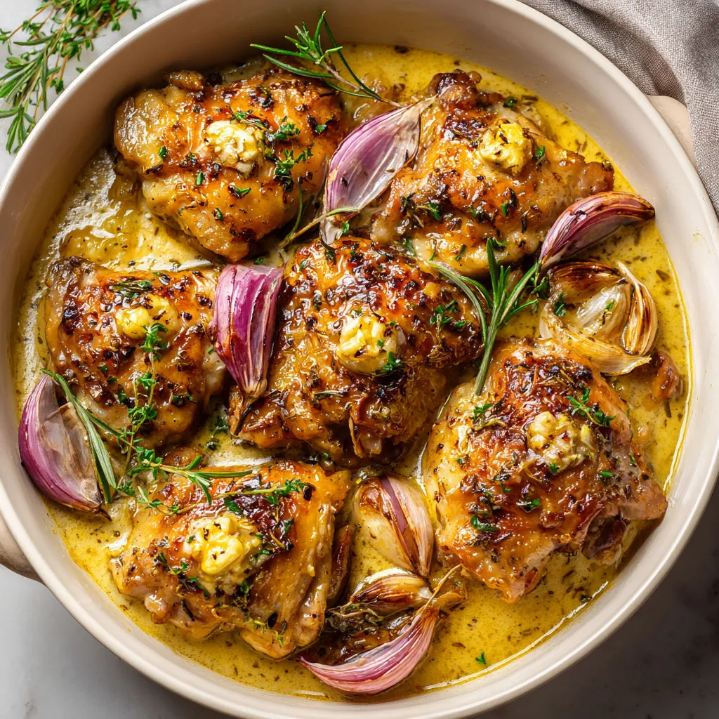 Poulet au Four, Oignons Fondants et Sauce Vin Blanc bien gourmande.