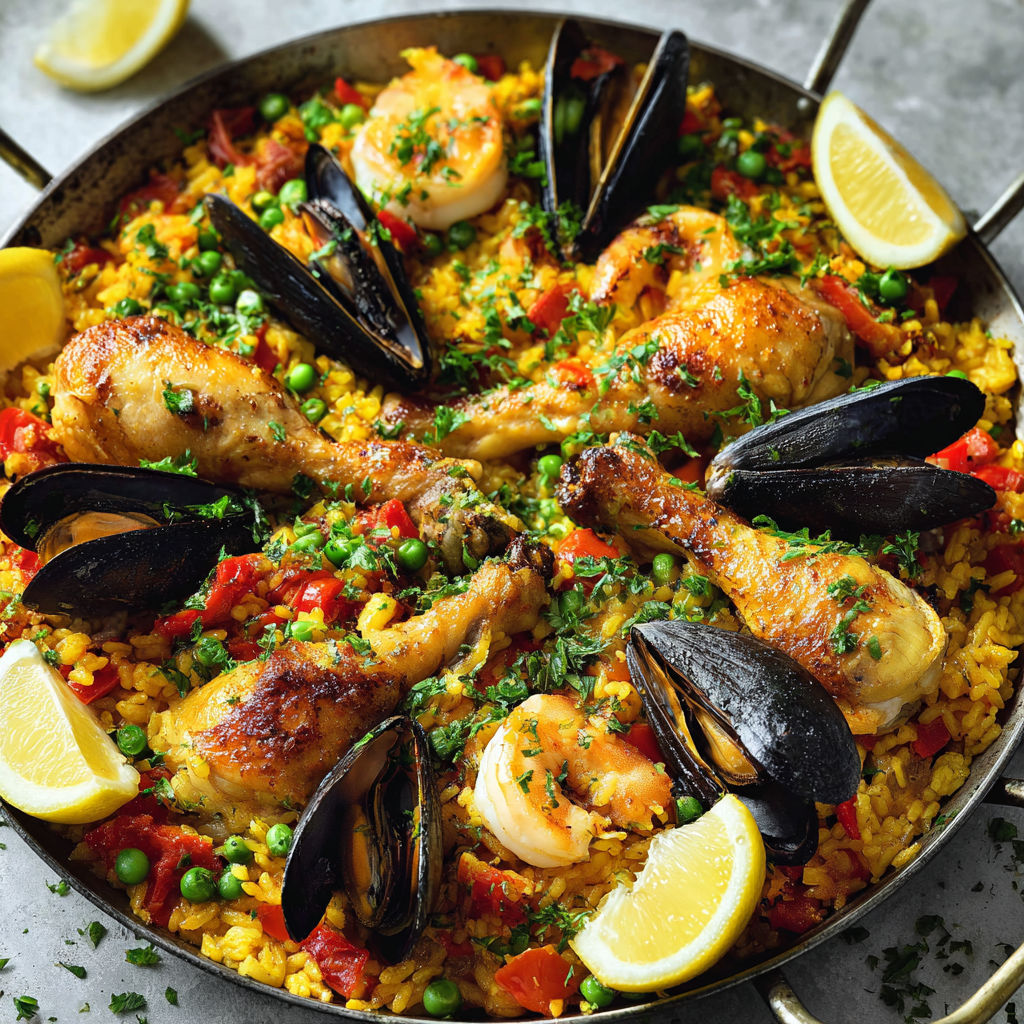 Poêle Méditerranéenne Crevettes Moules et Riz Safrané.