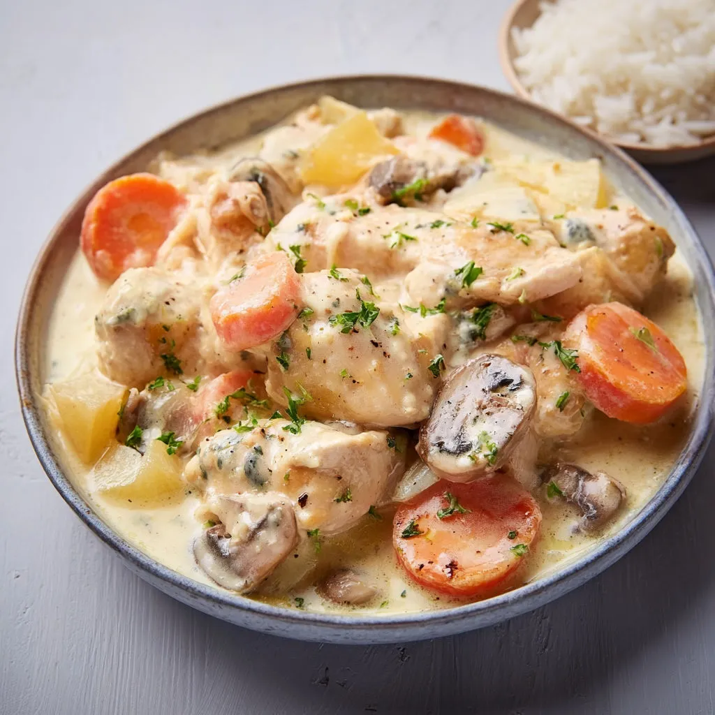 Assiette appétissante de poulet au bleu d'Auvergne servie sur une table.