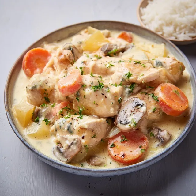 Assiette appétissante de poulet au bleu d'Auvergne servie sur une table.