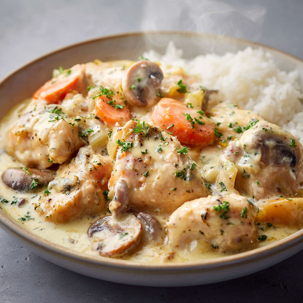 Poulet à la crème et bleu d’Auvergne avec légumes tout doux.