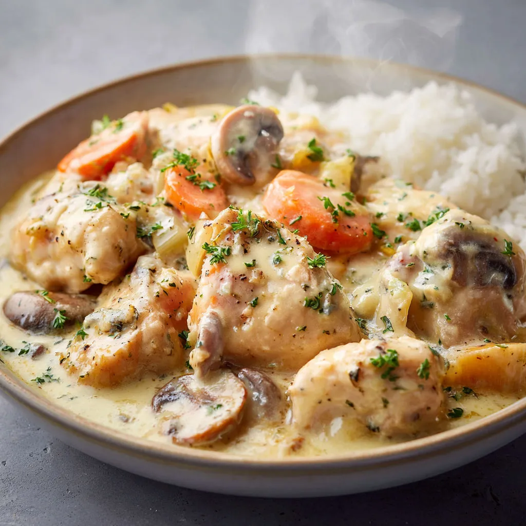 Poulet à la crème et bleu d’Auvergne avec légumes tout doux.