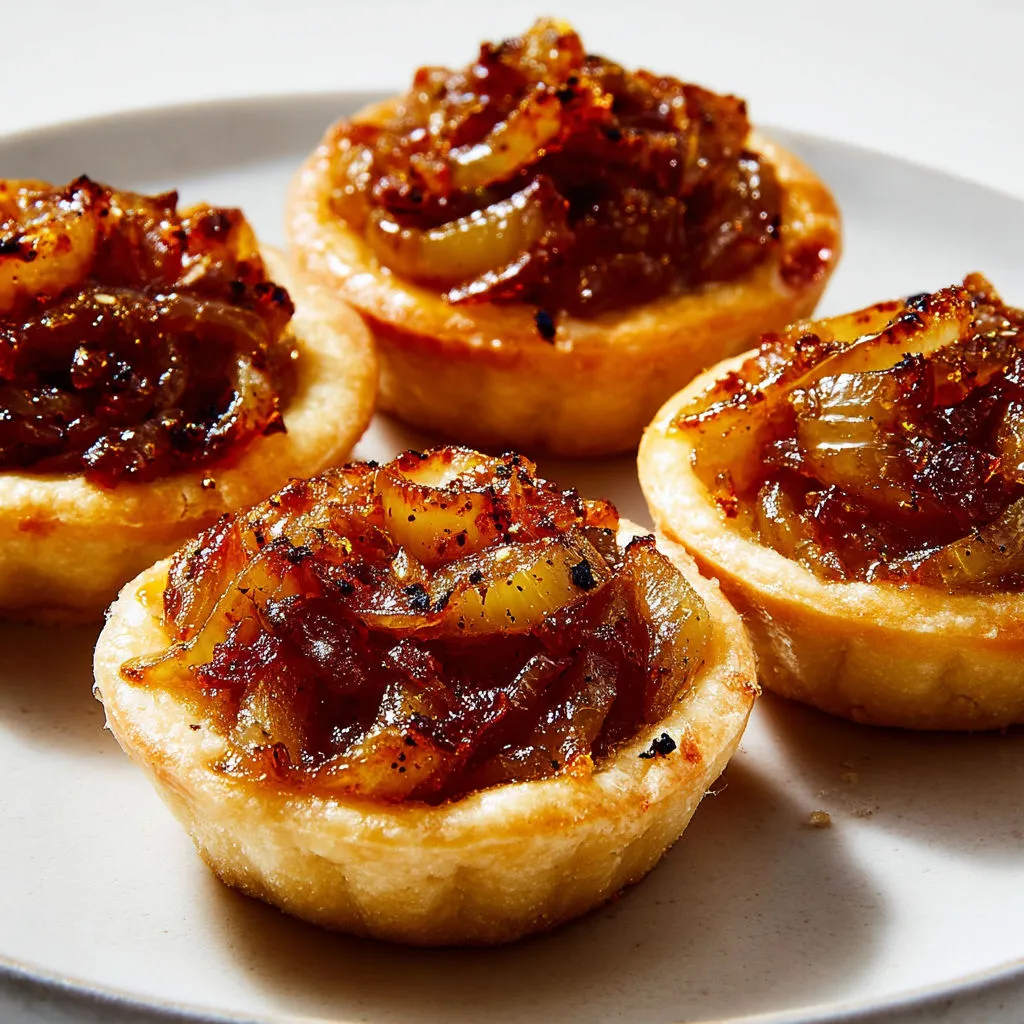 Quatre bouchées dorées aux oignons sucrés et miel sur un plateau gourmand.