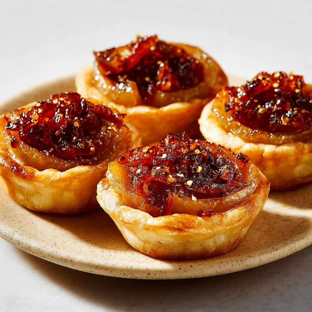 Tartelettes croustillantes aux oignons et miel doré.