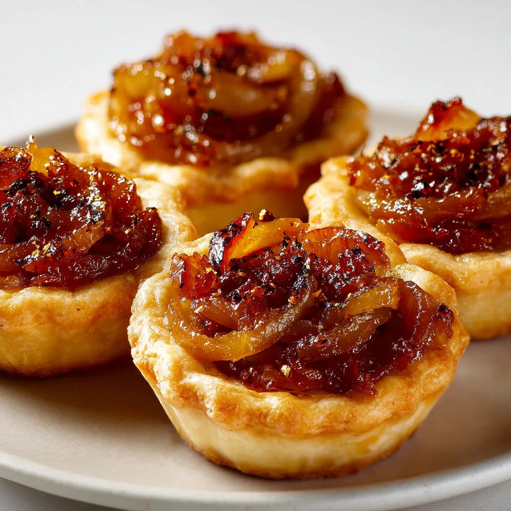 Petites tartelettes oignons confits et miel posées sur un joli plateau.