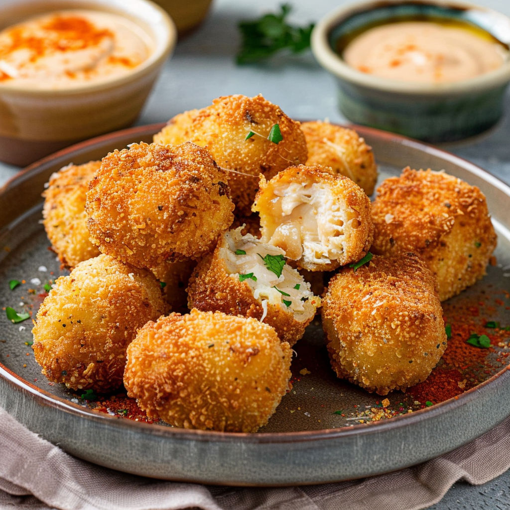 Des croquettes croustillantes au poulet et parmesan, accompagnées de sauces et herbes fraîches.