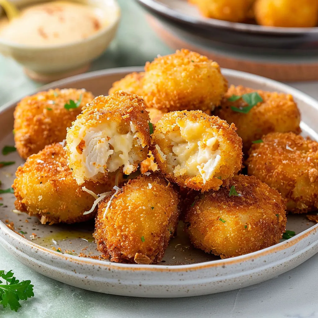 Assiette gourmande de croquettes au poulet et parmesan.