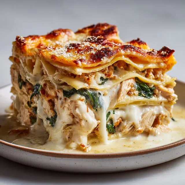 Délicieuses lasagnes au poulet nappées d’une onctueuse béchamel, accompagnées d’épinards frais et de fromages dorés.