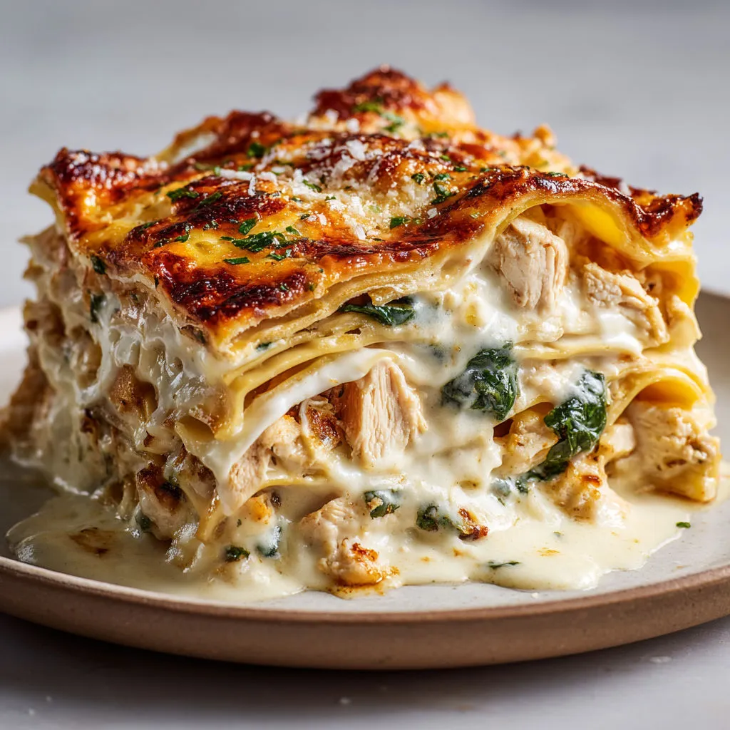 Lasagnes poulet ultra gourmandes, emmental et épinards fondus.