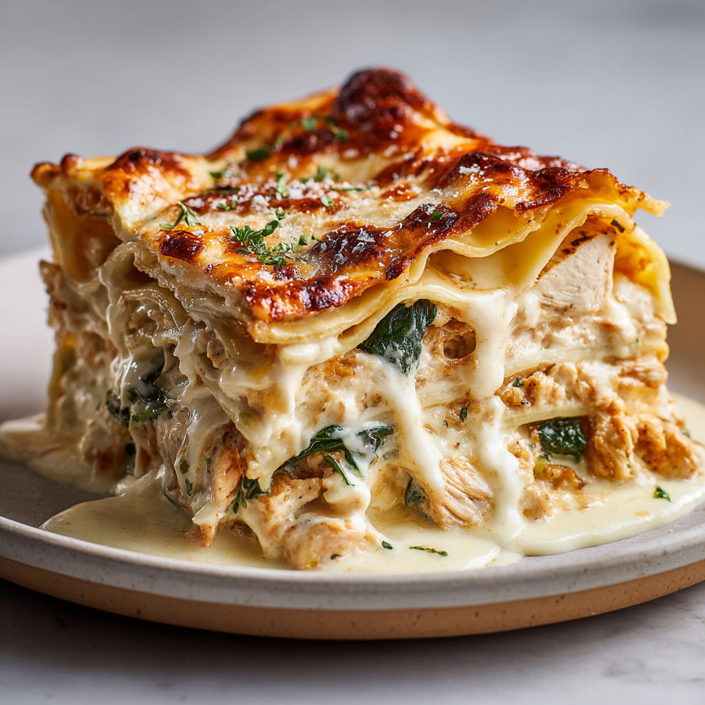 Gratin de lasagnes au poulet fondant et béchamel dorée.