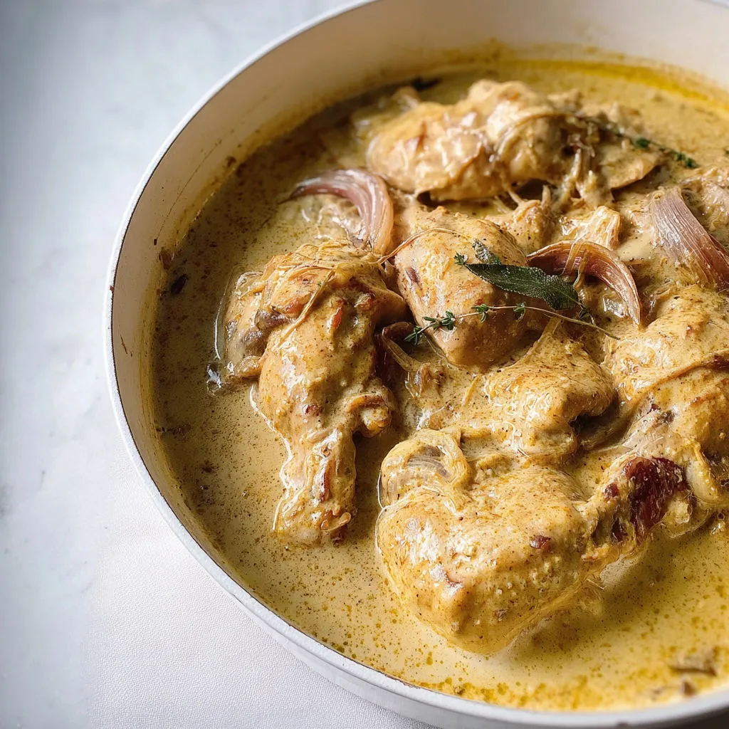 Un délicieux poulet doré baignant dans une sauce crémeuse et parfumée, un vrai régal maison.