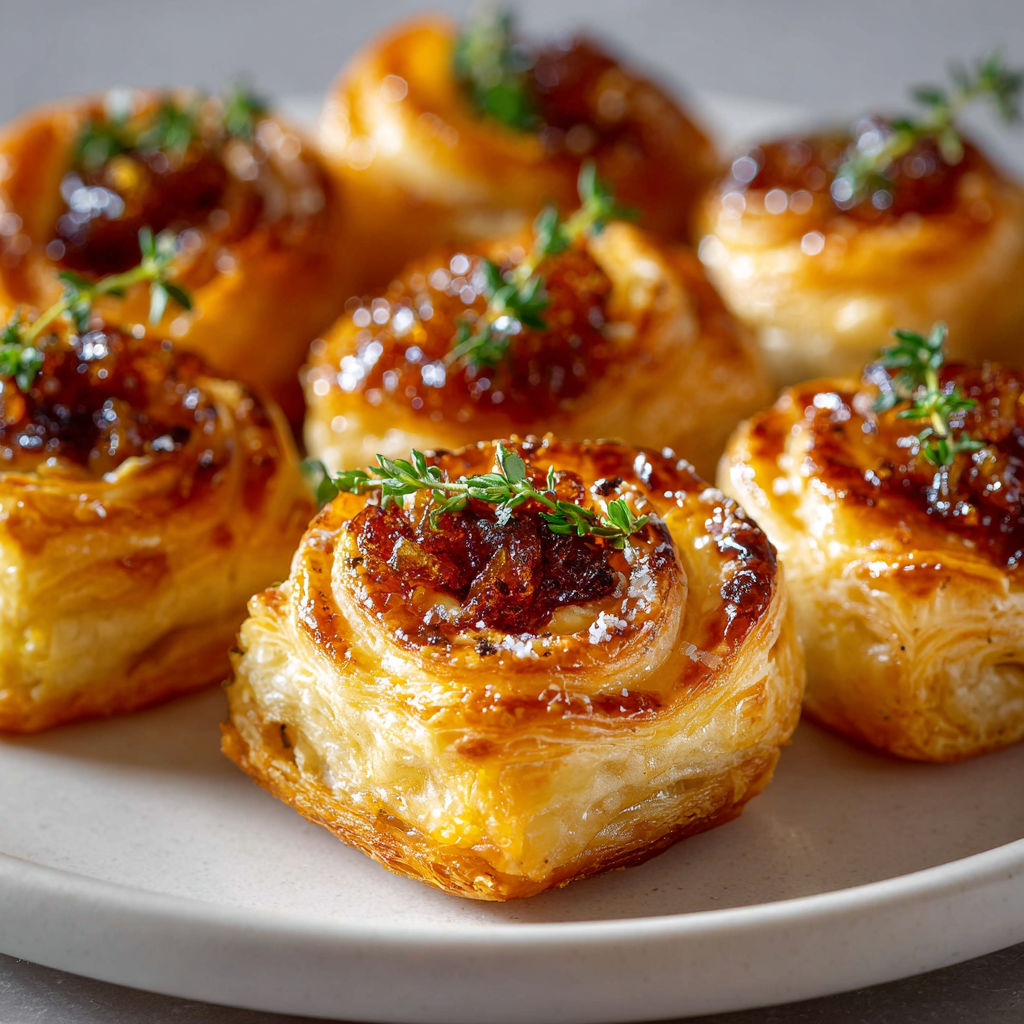 Assiette de bouchées dorées avec fromage et confit d’oignons.
