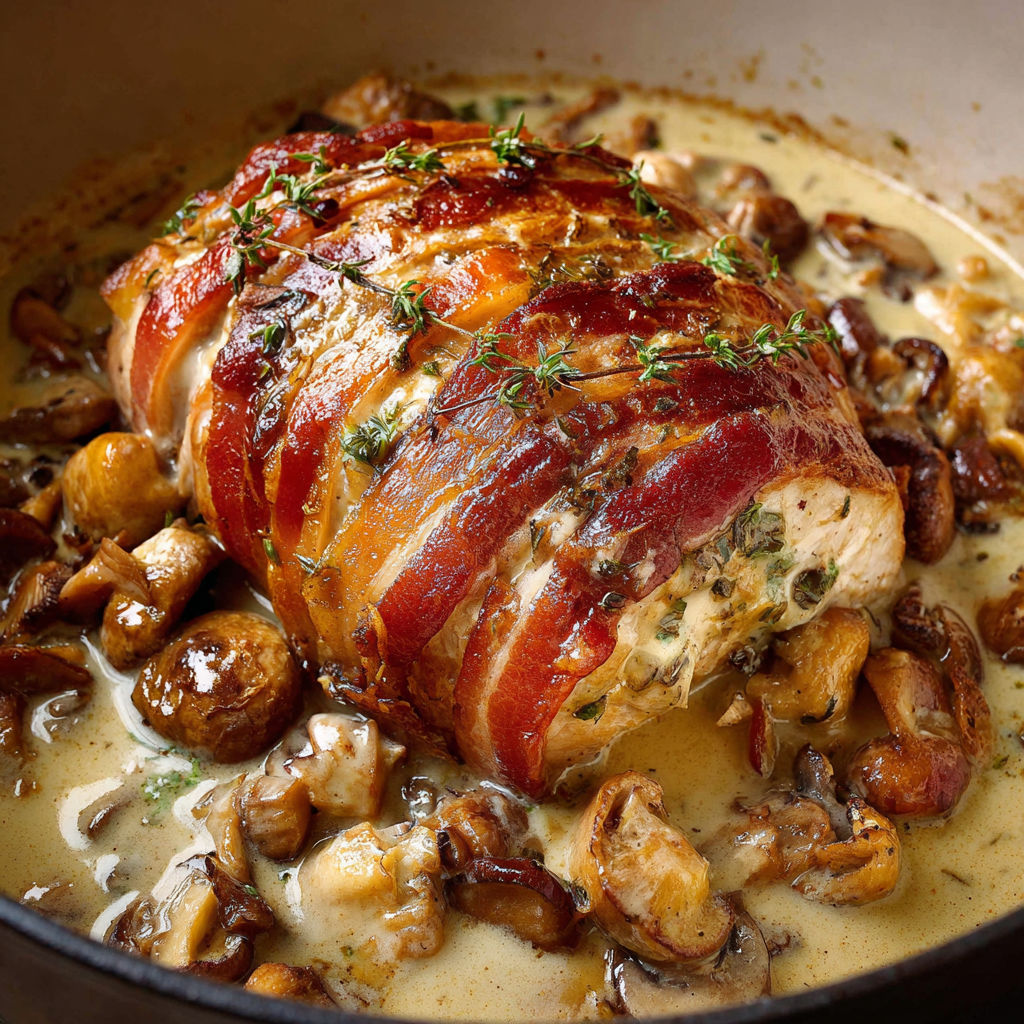 Dinde en cocotte avec des champignons et des herbes, dans un récipient familier.