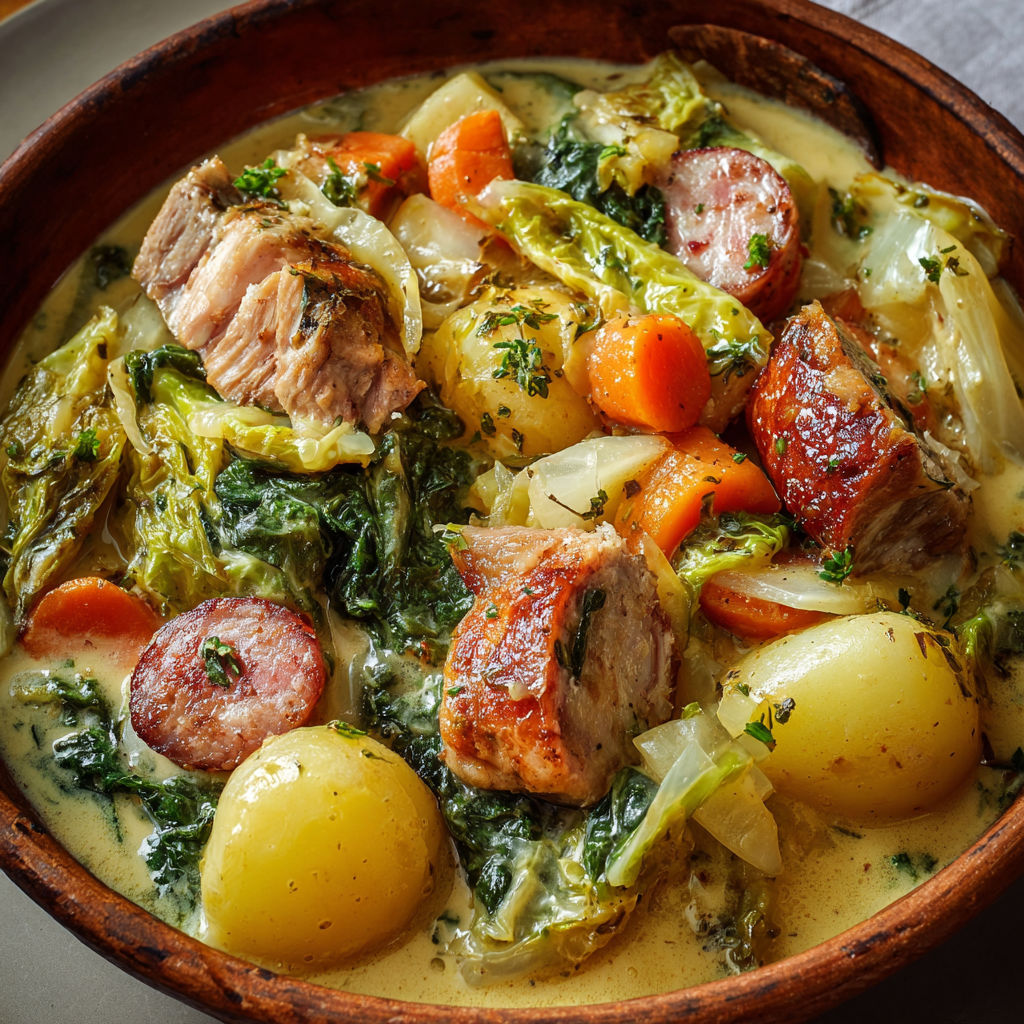 Un bol rustique contenant une potée Lorraine fumante.