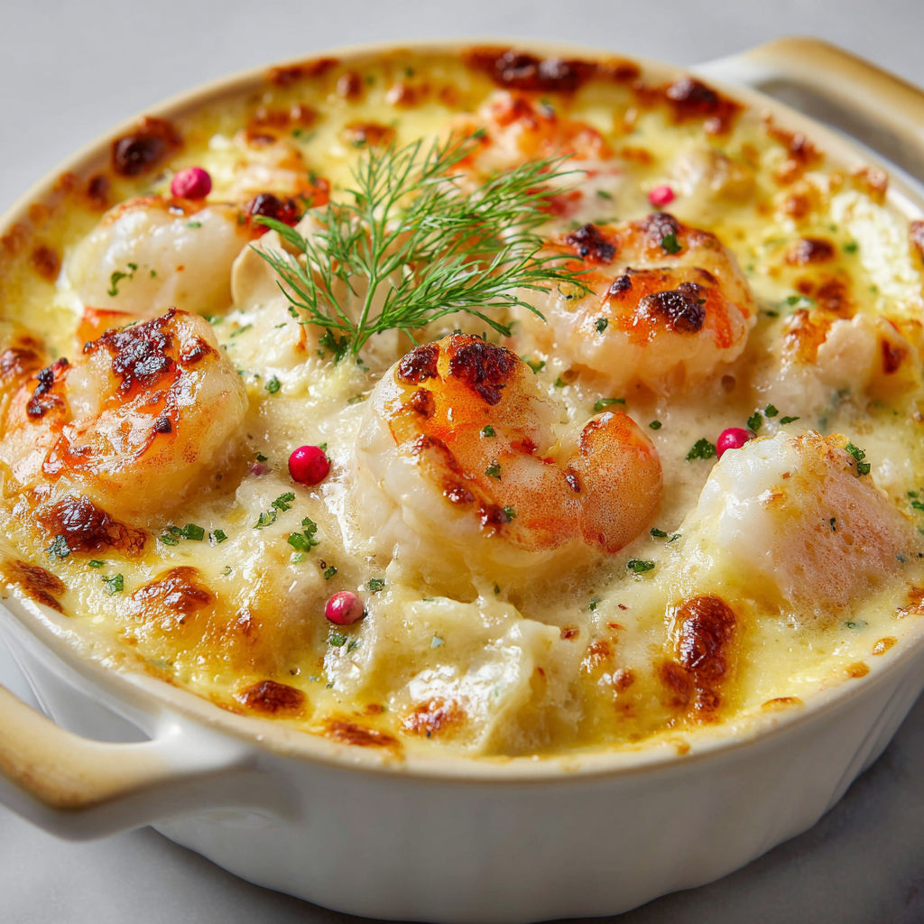 Délicieuse cassolette marine gratinée avec crevettes, moules et herbes servie dans un bol.