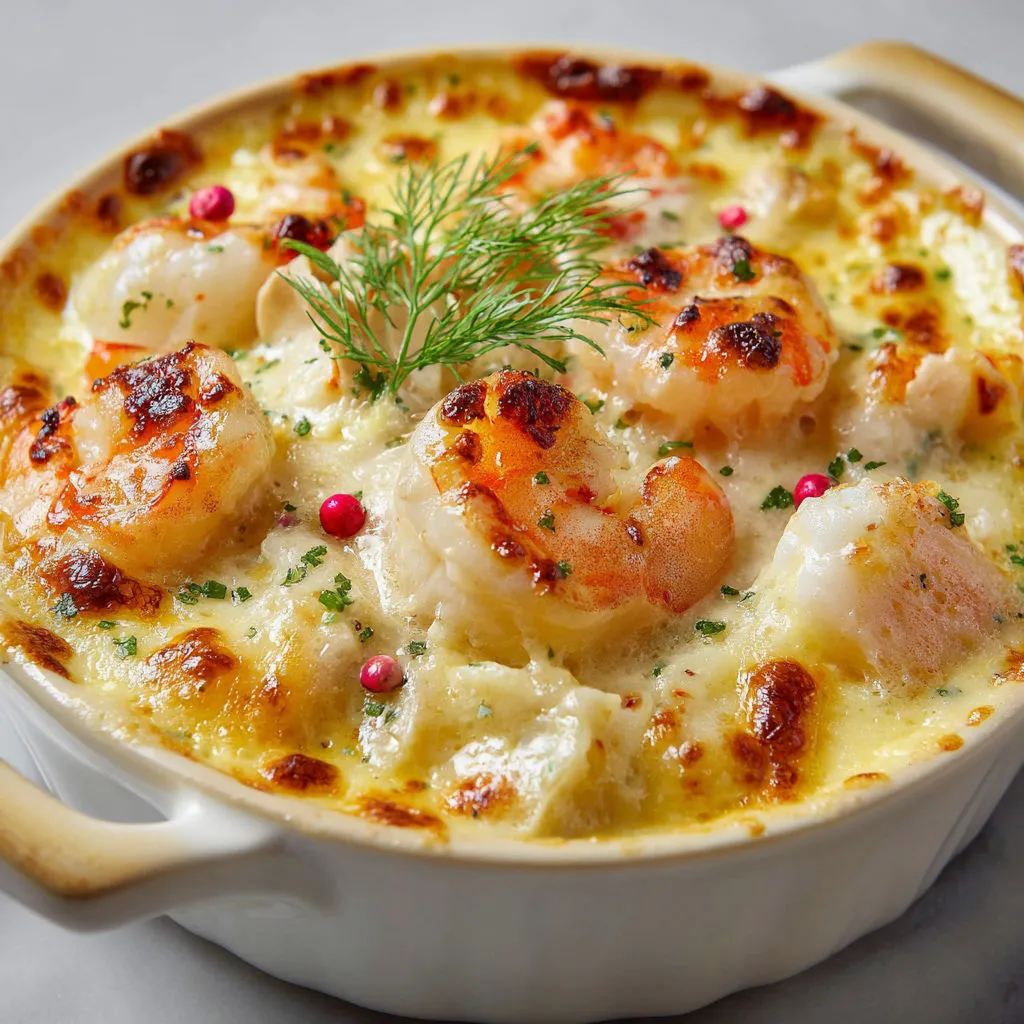 Délicieuse cassolette marine gratinée avec crevettes, moules et herbes servie dans un bol.
