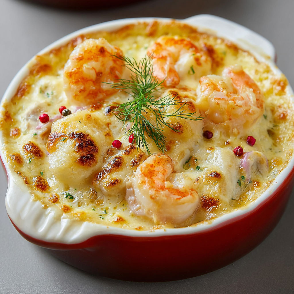 Cassolettes gratinées de fruits de mer dorées.