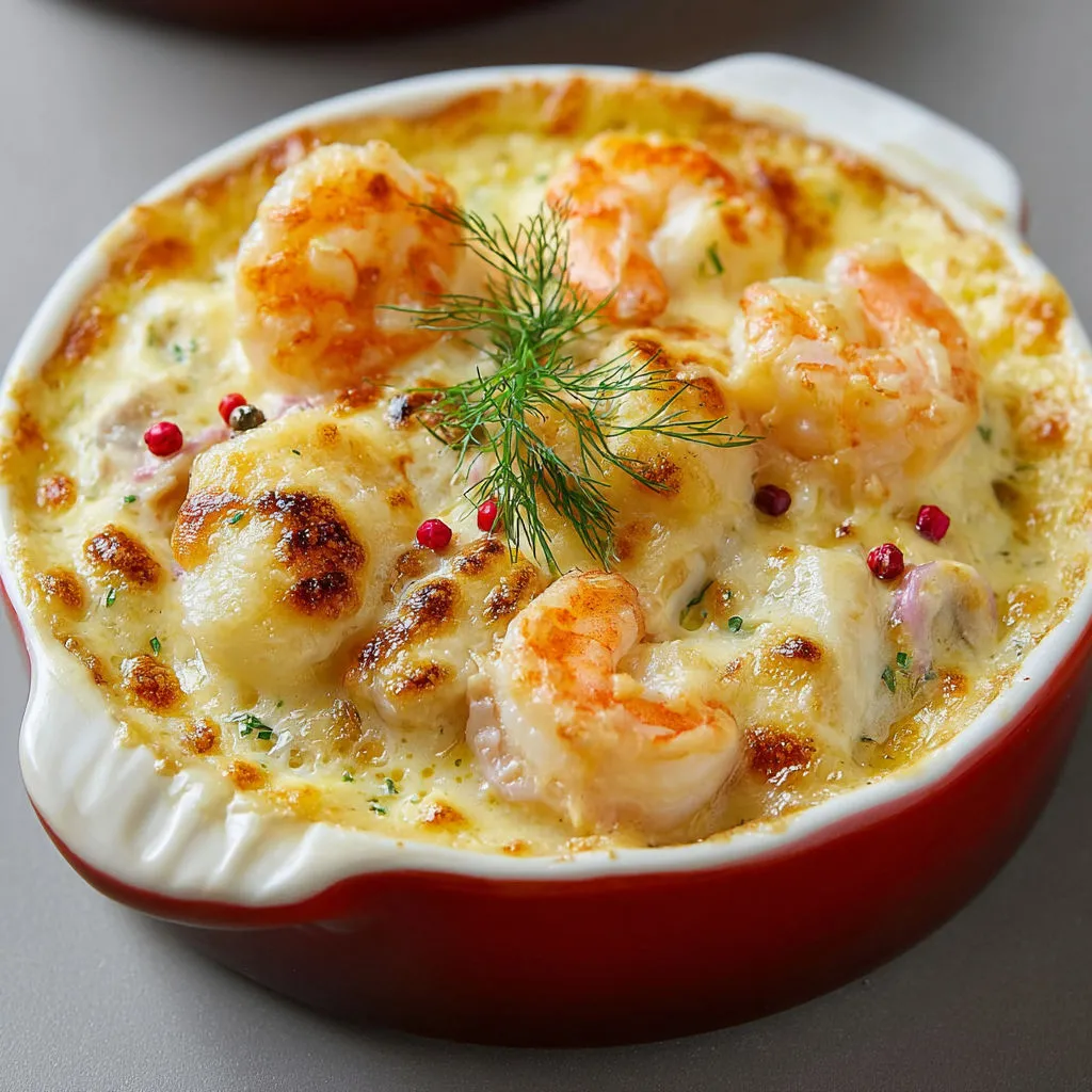 Cassolettes gratinées de fruits de mer dorées.