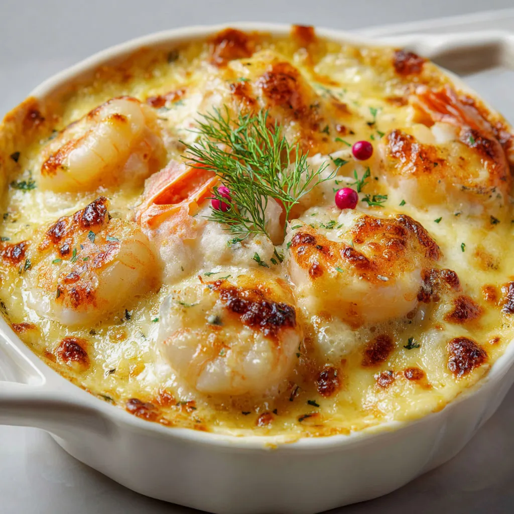 Gratin crémeux noix de Saint Jacques, crevettes et poisson blanc.