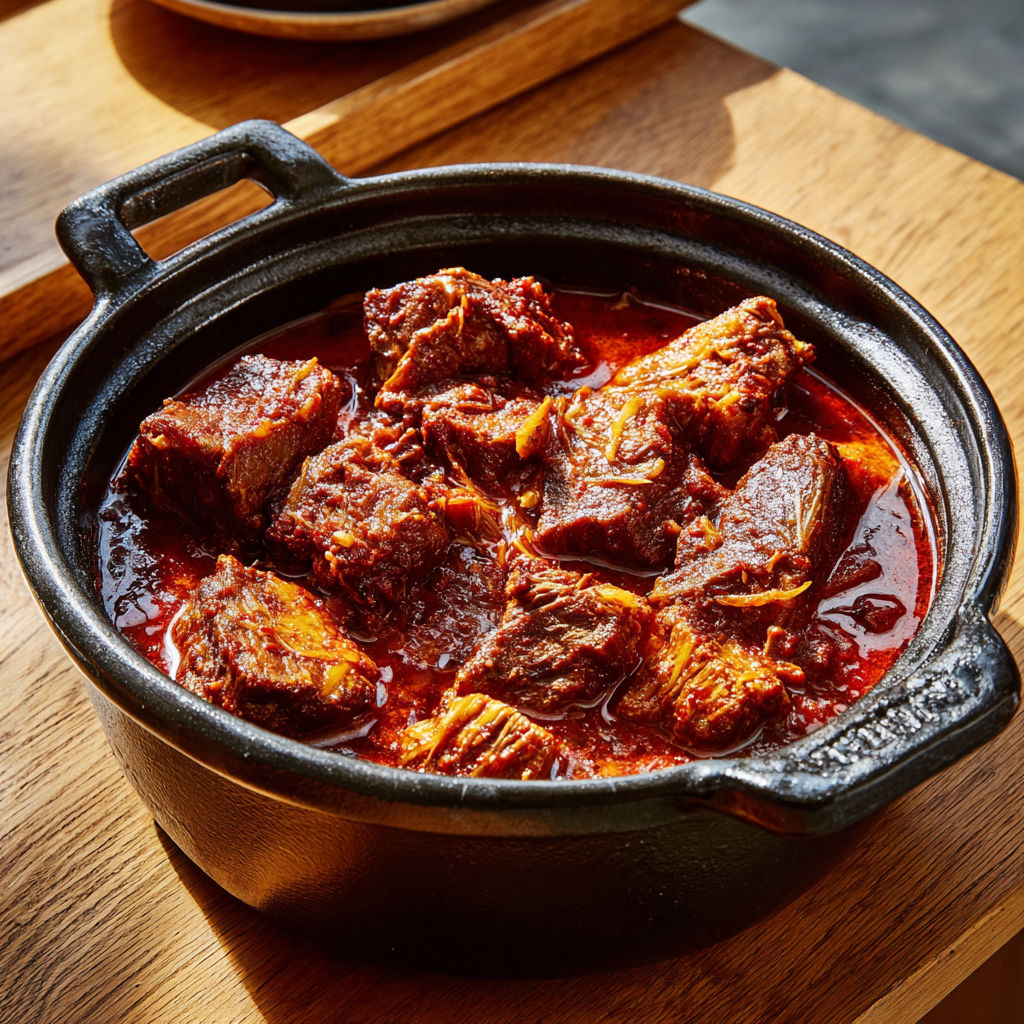 Un délicieux plat de boeuf mijoté à la coréenne présenté chaleureusement sur une table.