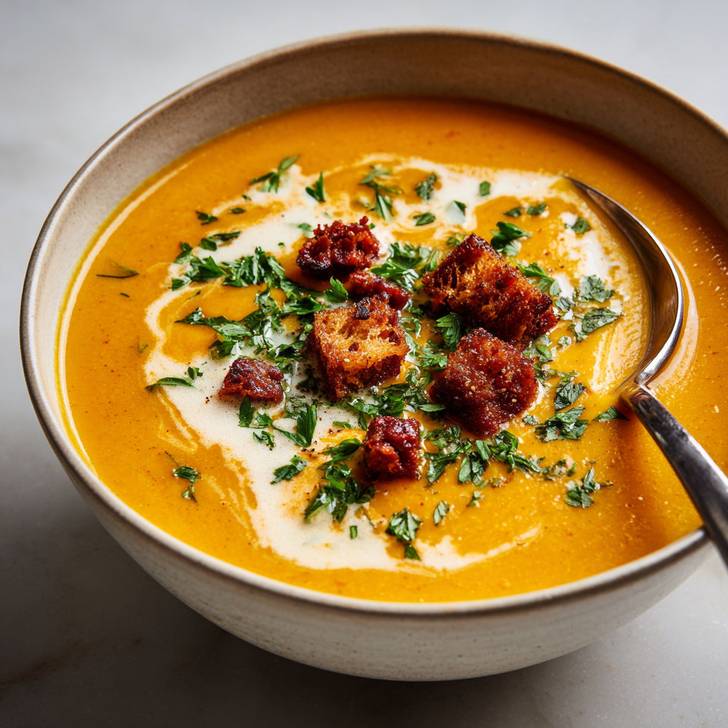 Bol en céramique rempli de soupe crémeuse aux carottes, patates douces et chorizo.