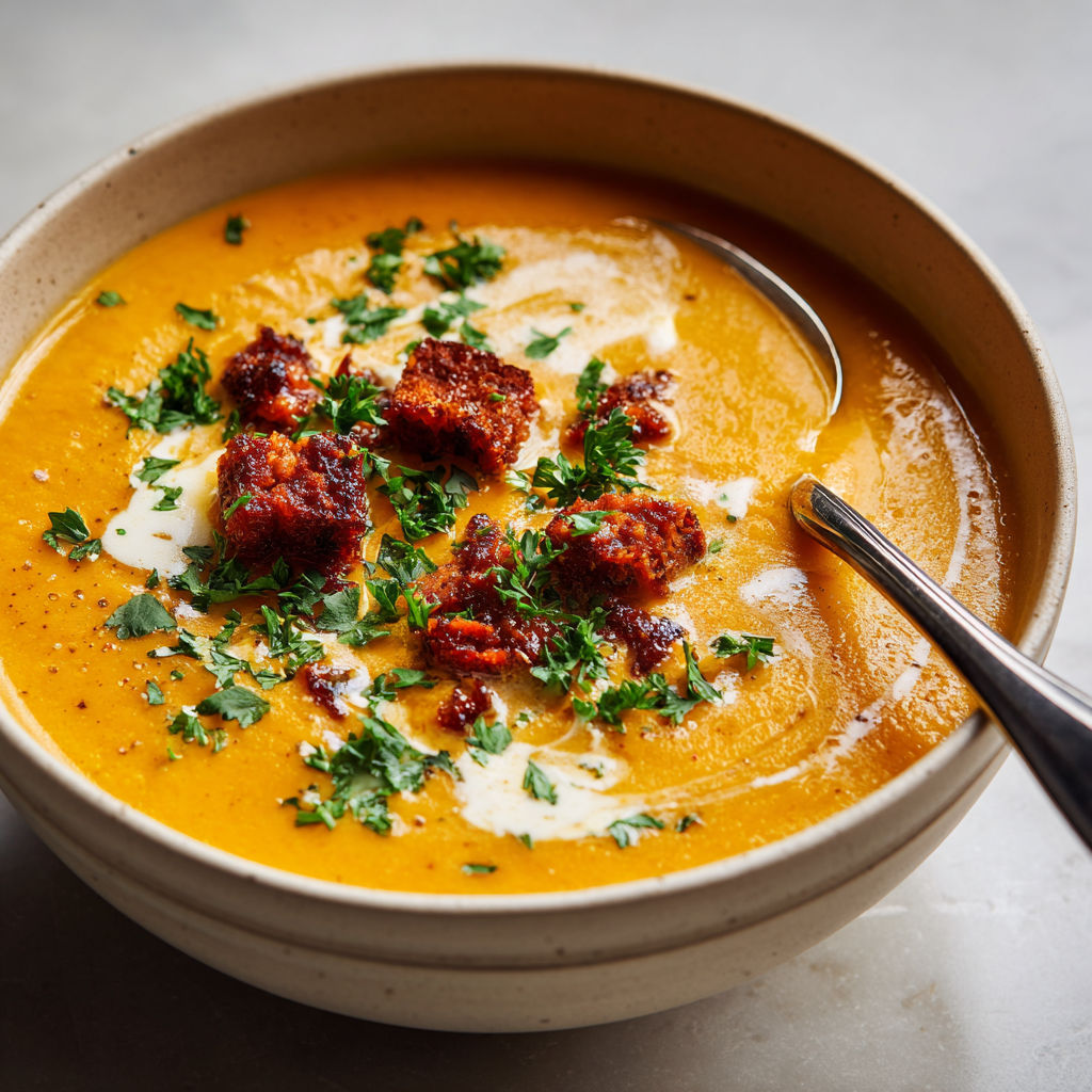 Velouté Carotte Patate Douce Chorizo Doré.